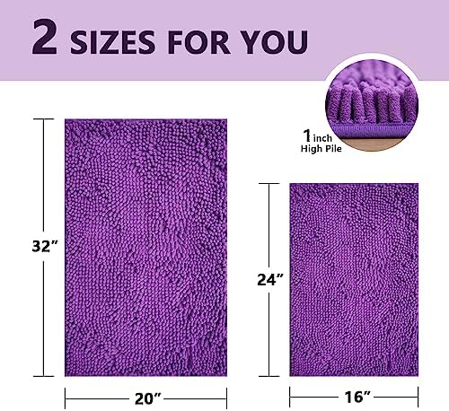 Bathroom Rugs Sets 2 Piece, Extra Soft Chenille Bath Mat Ultra Absorbent Bathroom Rug, Bathroom Mat with Sturdy PVC Non-Slip Bottom, Machine Washable Bath Rugs (20x32 Inch + 16x24 Inch, Purple)