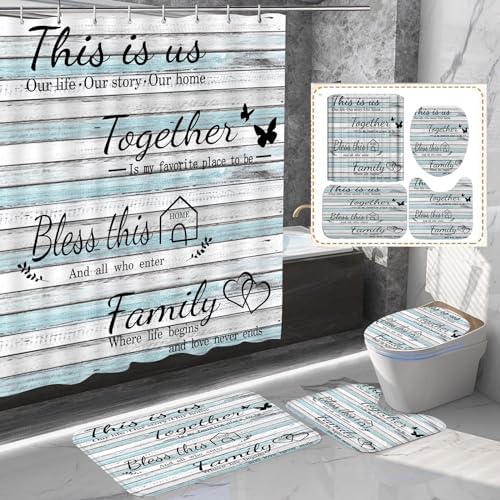 4Pcs Family Shower Curtain Sets with Non-Slip Rugs