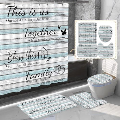 4Pcs Family Shower Curtain Sets with Non-Slip Rugs