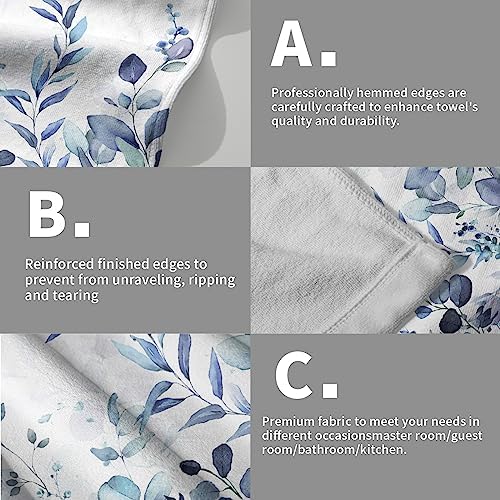 Blue Eucalyptus Leaves Hand Towels Set of 2, Botanical Leaf Floral Face Towel 28X14 inch, Quick Dry Super Absorbent Soft Washcloths for Kitchen Bathroom Yoga Workout Gym