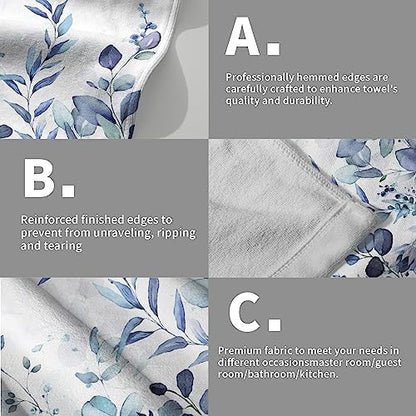Blue Eucalyptus Leaves Hand Towels Set of 2, Botanical Leaf Floral Face Towel 28X14 inch, Quick Dry Super Absorbent Soft Washcloths for Kitchen Bathroom Yoga Workout Gym