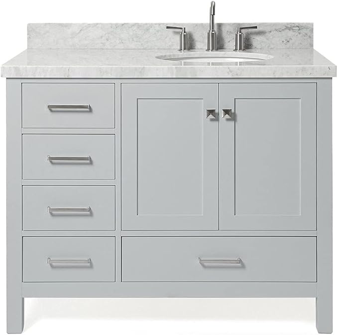 ARIEL Cambridge 42-inch Bathroom Vanity with Sink,Solid Wood, 1.5-inch Italian Carrara Marble Countertop & Backsplash, Single Oval Porcelain Sink, 2 Soft Closing Doors, 5 Dovetail Drawers, Grey