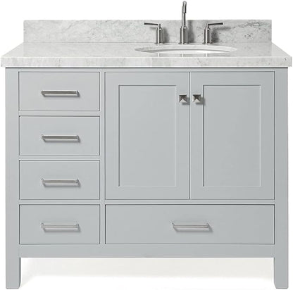 ARIEL Cambridge 42-inch Bathroom Vanity with Sink,Solid Wood, 1.5-inch Italian Carrara Marble Countertop & Backsplash, Single Oval Porcelain Sink, 2 Soft Closing Doors, 5 Dovetail Drawers, Grey