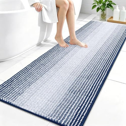 OLANLY Bathroom Runner Rugs 59x24, Soft Chenille Striped Bath Rugs, Navy
