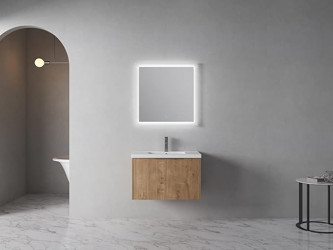 Wall Mount 30 Inch Bathroom Vanity W/Sink Combo for Small Space, Modern Design Vanity Cabinet Gel Basin Countertop, Float Mounting Design Cabinet Set with Soft Close Doors (Oak, 29.5''x18.3''x19.3'')