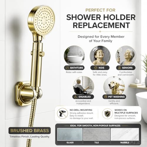 Handle held Shower Head Holder Wall Mount -Adjustable in 5 Positions - Dual Mount Option (Screw/Adhesive) - Brushed Gold