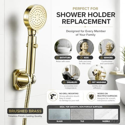 Handle held Shower Head Holder Wall Mount -Adjustable in 5 Positions - Dual Mount Option (Screw/Adhesive) - Brushed Gold