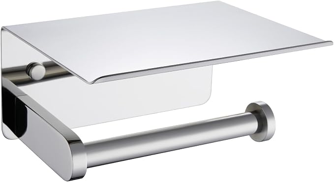 Polished Chrome Toilet Paper Holder with Phone Shelf, Wall Mounted | Sturdy 304 Stainless Steel, Fits Bathroom, Restroom, Powder Room, Heavy Duty Paper Roll & Tablet Storage Tissue Dispenser