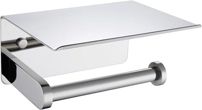 Polished Chrome Toilet Paper Holder with Phone Shelf, Wall Mounted | Sturdy 304 Stainless Steel, Fits Bathroom, Restroom, Powder Room, Heavy Duty Paper Roll & Tablet Storage Tissue Dispenser