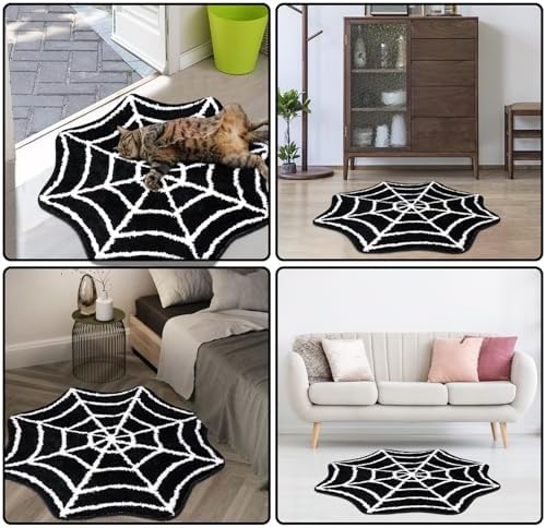 Meetory Spider- Web Bath Mat, 31×20" Halloween Bath Mat Non-Slip Rugs Spiderweb Rug Machine Washable Goth Area Rugs Gothic Rug for Front Door, Bedroom, Living Home (Black+White)