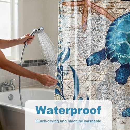Nautical Green Sea Turtles Beach Theme Fabric Shower Curtain Sets Bathroom Blue Ocean Decor with Grommets and Hooks - 72 x 72 Inch Teal (Pack of 2)