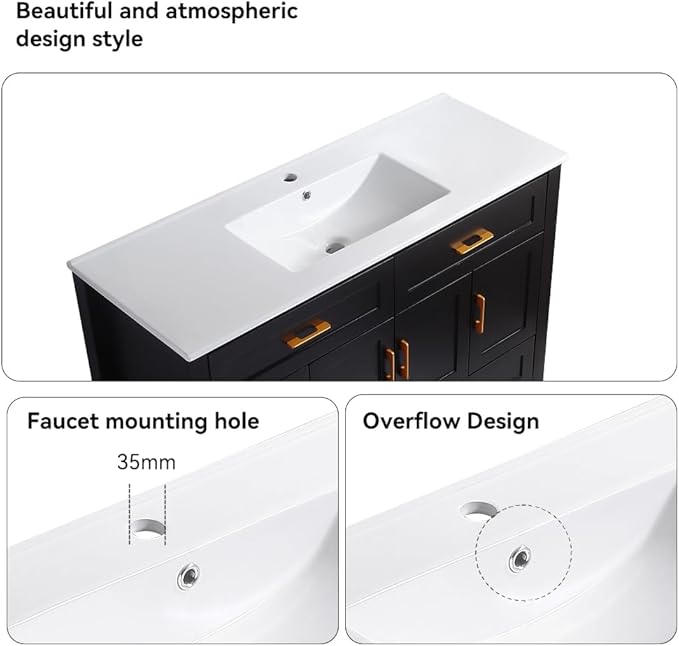 LZ LEISURE ZONE 48" Bathroom Vanity with Ceramic Sink Combo, Abundant Cabinet -4 Soft Close Doors and 4 Drawers, Black