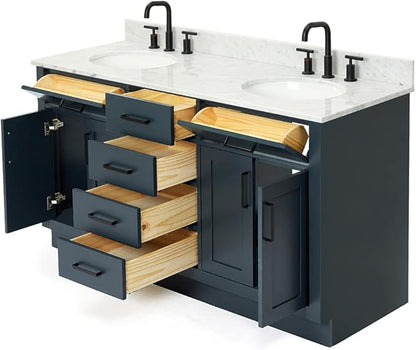 ARIEL Hepburn 60-inch Bathroom Vanity with Sink,Solid Wood, 0.75-inch Italian Carrara Marble Countertop, Double Oval Porcelain Sink, 4 Soft Closing Doors, 6 Dovetail Drawers, Midnight Blue