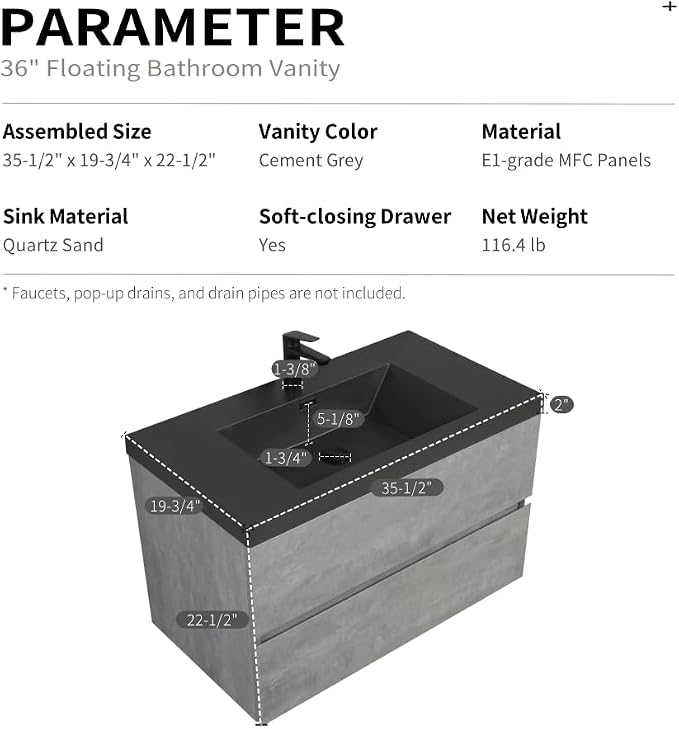 36" Floating Bathroom Vanity with Sink, Modern Wall-Mounted Bathroom Storage Vanity Cabinet with Two Black Quartz Sand Top Basins and Four Soft Close Drawers, Cement Grey