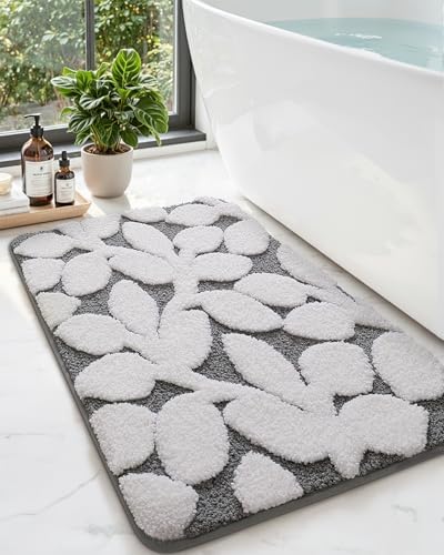 DEXI Bathroom Rugs Non Slip Washable 32x20, Boho White Leaf Bath Mat, Gray