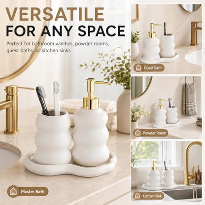 3-Piece Ceramic Bathroom Accessories Set with Sand Point Glaze Design - Tray, Lotion Dispenser, and Tumbler - Bring Nature to Your Bath