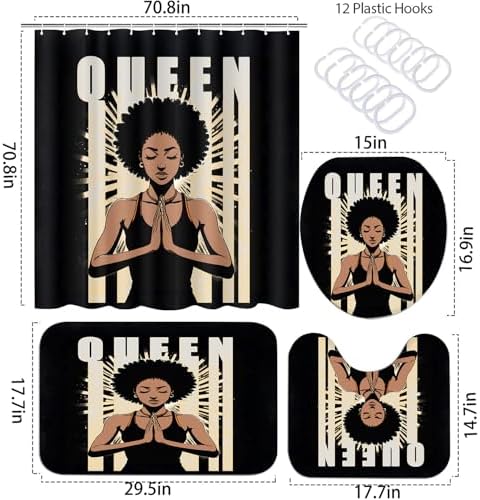 4Pcs Bathroom Shower Curtain Sets, Inspirational Quote African American Black Queen Shower Curtains with Rugs Toilet Lid Cover Bath Mat, Praying Black Girl Bathroom Decor Set