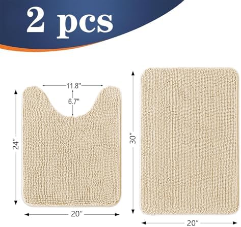 OLANLY Chenille Bathroom Rugs Mats Sets 2 Piece, 30"x20"+24"x20", Beige