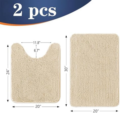OLANLY Chenille Bathroom Rugs Mats Sets 2 Piece, 30"x20"+24"x20", Beige