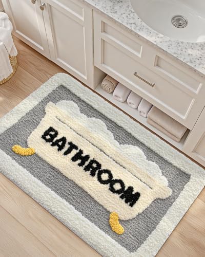 DEXI Bathroom Rugs Non Slip Washable, 43x24 Cute Bath Mat, Gray and Beige