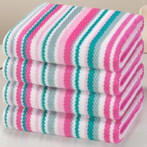 VOOVA & MOVAS Striped Bath Towels 4 Pack, 100% Cotton, 28x52 in, Pink Teal