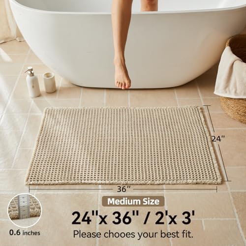 Triohero Waffle Bath Mat, Boho Bathroom Rugs Non Slip, 24x36 Pale Beige