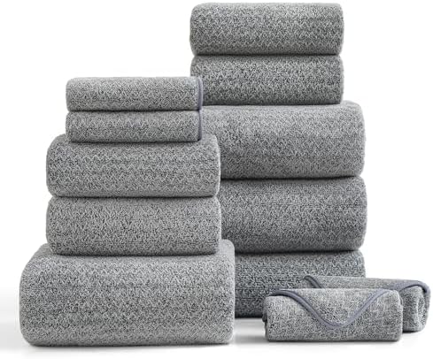Ultra Soft Bath Towel Set,12 Piece (4 Bath Towels,4 Hand Towels,4 Washcloths) Family Bathroom Towels Set with Hanging Loop,Quick Dry Extra Absorbent Shower Towel for Bathroom,Hotel,Spa-Dark Gray