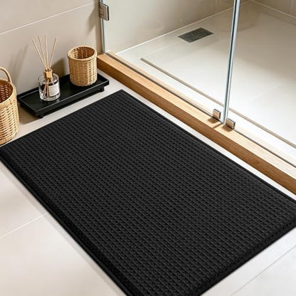ACCUMTEK Memory Foam Bath Mat, Ultra Soft Absorbent Waffle Bathroom Rugs, Super Non-Slip PVC Backing Bath Rug Quick Dry, Machine Washable Rug for Tub, Shower, Home Decor Accessory, 24" x 17", Black