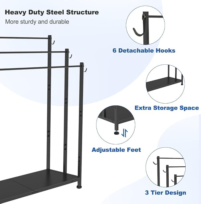 Extra Large Free Standing Towel Rack, Black | 3 Tiers Heavy Duty Blanket Drying Stand Holder with Metal Storage Shelf & 6 Hooks for Bathroom, Pool, Bedroom, Living Room