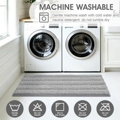 Striped Light Grey Bathroom Rug Mat Set 2 piece 24"x17"+48"x20" Ultra Soft, Non Slip Chenille Bath Rugs, Absorbent Plush Shaggy Bath Mats for Bathroom, Bedroom, Kitchen, Shower, Tub,Light Gray