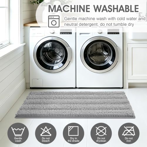 ACCUMTEK Striped Light Grey Bathroom Rug Set 3 Pieces Gray Ultra Soft, Non Slip Chenille Toilet Mat, Absorbent Plush Shaggy Bath Mats for Bathroom, Bedroom, Kitchen