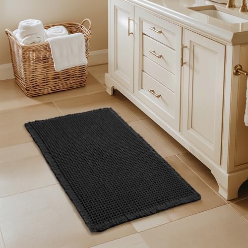 SUBRTEX Waffle Braided Bath Mat, 18" x 24" Soft Waffle Bath Rugs, Absorbent Non Slip Bathrooom Mats, Machine Washable Area Rug for Bathroom, Quick Dry, Black