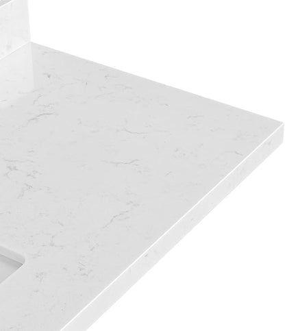 ARIEL 42 inch Bathroom Vanity top with Sink, 1.5 Inch Thick Miter Edge Carrara White Quartz top, Left Offset Vanity top with Rectangle Porcelain Sink, Includes Backsplash
