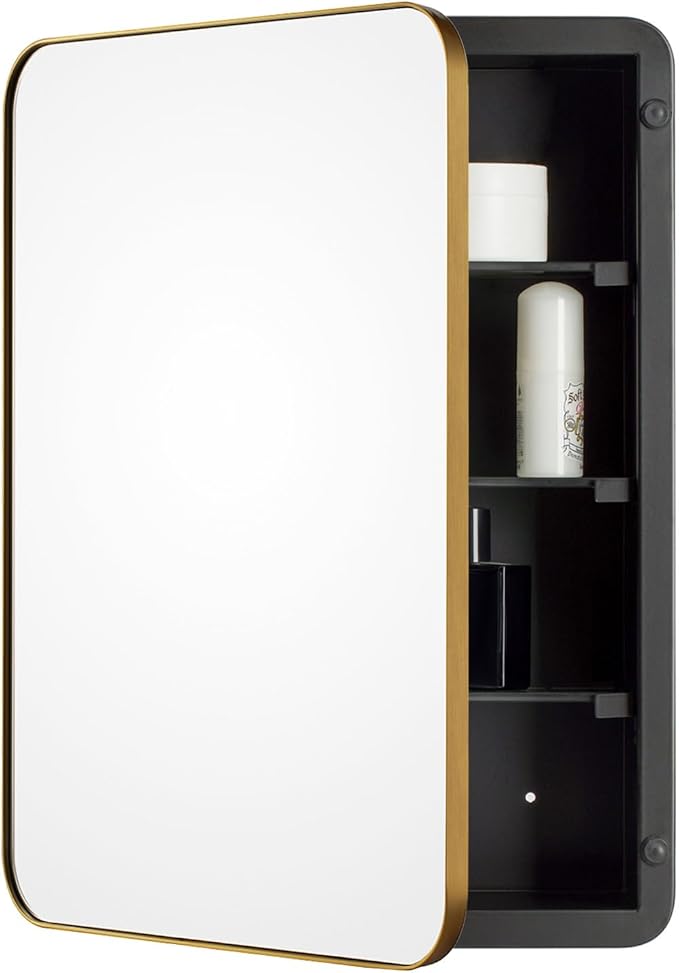 20’’x26’’ Medicine Cabinet,Metal Framed Medicine Cabinet Mirror with Round Corner,Recessed and Surface Mount Bathroom Mirror with Storage, Removeable Shelves,Gold