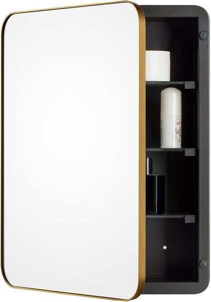 20’’x26’’ Medicine Cabinet,Metal Framed Medicine Cabinet Mirror with Round Corner,Recessed and Surface Mount Bathroom Mirror with Storage, Removeable Shelves,Gold
