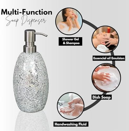 Escenzy Silver Bathroom Accessories Set 4 Pcs | Handcrafted Mosaic Glass Soap Dispenser, Toothbrush Holder, Cotton Jar, Soap Tray | Luxury Silver Glitter Bathroom Decor | Glam Home Gift