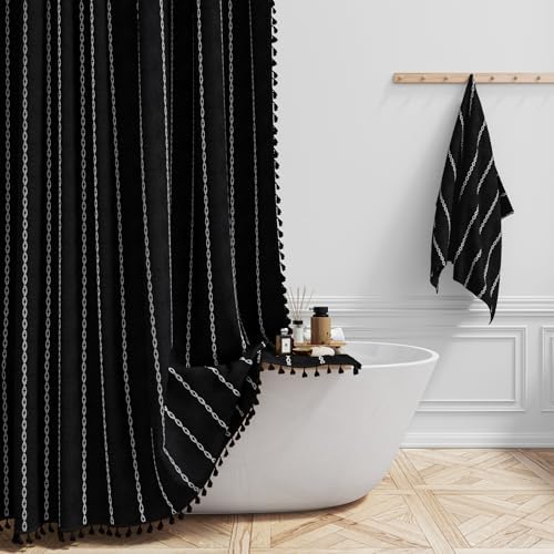 BTTN 54 x 72 Boho Linen Heavy Duty Cloth Shower Curtain Set, Black White