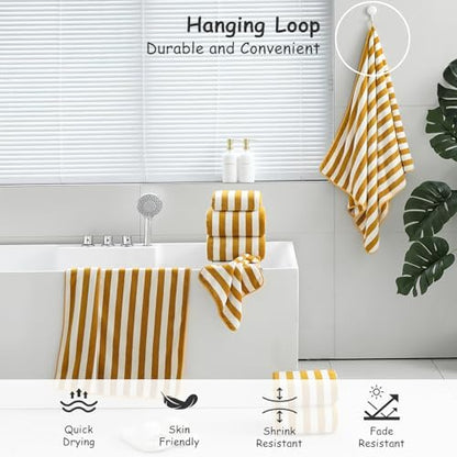 18 Pcs Yellow Stripe Bath Towel Set with Hanging Loop-6 Bath Towels,6 Hand Towels,6 Washcloths Soft Family Towel Set Bathroom Towel Highly Absorbent Quick Dry Shower Towel for Beach Spa Gym Hotel