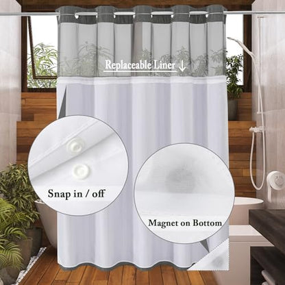 Gibelle No Hook Cloth Charcoal Grey Shower Curtain with Liner, 72x80