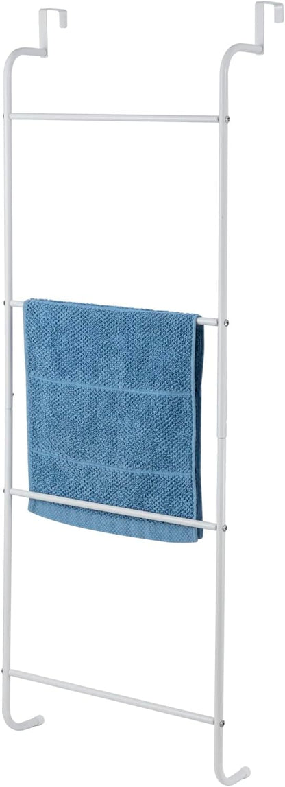 MyGift 4 Tier White Metal Over the Door Towel Rack Bathroom Holder Ladder | Space Saving Over Shower Door Drying Rack for Towels & Blankets, Linens Washcloths Clothing Guest Room Apartment Dorm