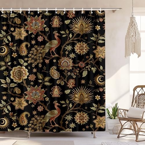 Boho Chic Black Floral Shower Curtain, Vintage Rustic Antique Victorian Peacock Paisley Farmhouse Shower Curtain Set, Witchy Aesthetic Retro Bath Curtains Bathroom Accessories with Hooks, 72 x 72
