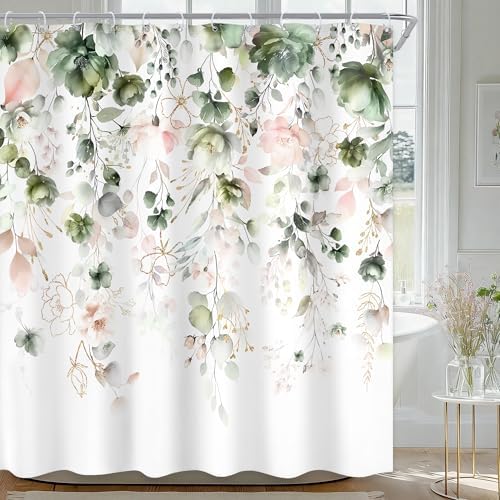 Summer Green Pink Floral Spring Eucalyptus Bathroom Shower Curtain Set