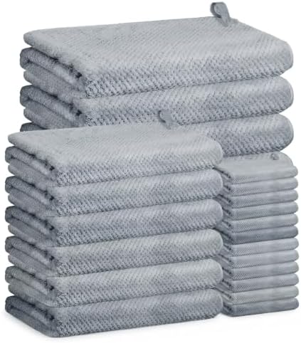 24 Pcs Towels Set 6 Bath Sheets 6 Washcloths and 12 Hand Towels, Reusable Absorbent Quick Dry Coral Velvet Towel for Shower Bath Spa Hotel Bathroom Supplies (Gray)