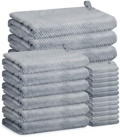 24 Pcs Towels Set 6 Bath Sheets 6 Washcloths and 12 Hand Towels, Reusable Absorbent Quick Dry Coral Velvet Towel for Shower Bath Spa Hotel Bathroom Supplies (Gray)