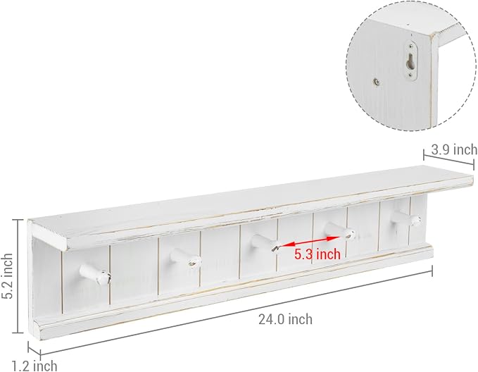 MyGift Wall Mounted White Wood Bathroom Shelf with 5 Hooks Towel Rack | Open Display Shelving with Five Hanging Pegs for Towels, Robes, Keys & Everyday Essentials, Rustic Farmhouse Style