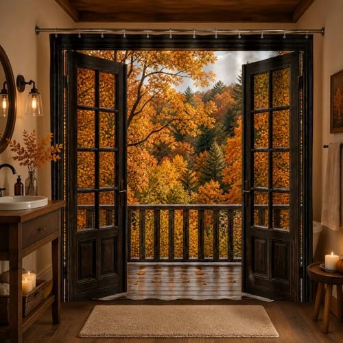 Fall Shower Curtain, Autumn Forest Window View Decor Bathroom Curtains, Maple Leaves Open Door Balcony Rustic Farmhouse Waterproof Polyester Shower Curtain with Hooks,72x72 Inch