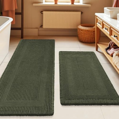 Waffle Bath Mat Set 2 Piece, Boho Woven Modern Bath Rug Absorbent Non Slip, Ultra Soft Bathroom Mats, Machine Washable Knit Bath Rugs with Tassels for Bathroom, Bedroom, Kitchen, Shower, Dark Green