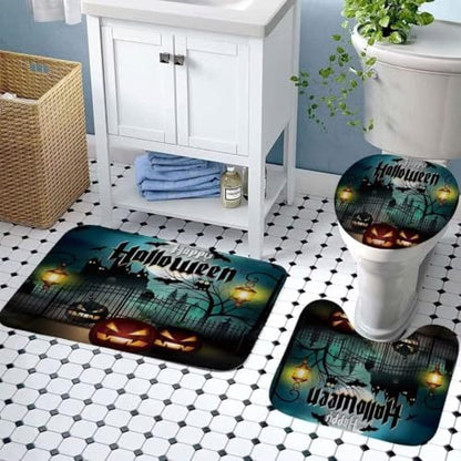 NBVKO Halloween Bats Castle Pumpkin Waterproof Shower Curtain Set,with Non-Slip Rugs,Toilet Lid Cover and Bath Mat,Black Gloomy Bathroom Decor Accessory Set