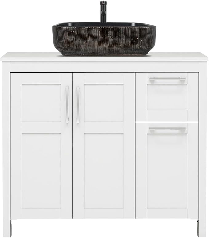 YOURLITE 36" Bathroom Vanity with Sink, White Bathroom Vanity and Sink Combo with Faucet & Pop Up Drain Set,Traditional Vanity with with Black & Gold Ceramic Sink