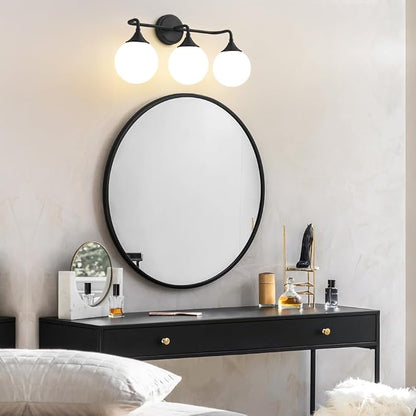 Black Bathroom Light Fixtures Over Mirror Vanity 3-Light | Mid Century Modern Matte Black Wall Sconce with Milky White Glass Ball Shades for for Bathroom Dressing Table Bedroom